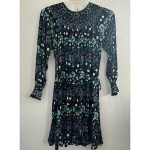 Loft Knit Tie Waist Floral Dress S Smocked Black Floral Forrest Fairy Whimsygoth